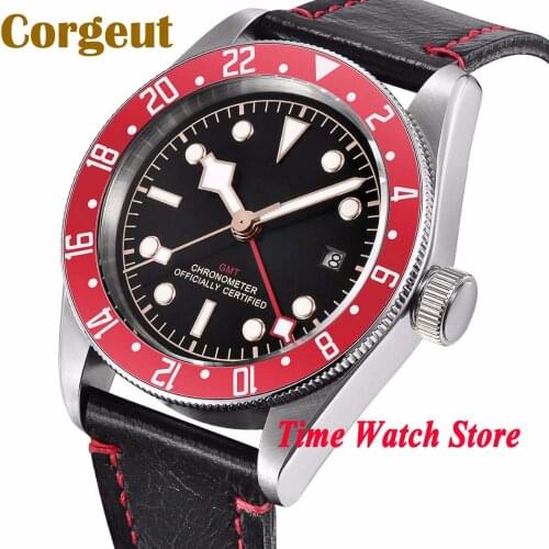 Corgeut 41mm GMT Automatic wrist mens watch sapphire glass black sterile dial luminous red bezel leather strap cor112