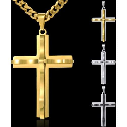 Davieslee Curved Cross Pendant Necklace Mens Chain Curb Cuban Link Stainless Steel Black Gold Silver Color 18-36inch DKPM137