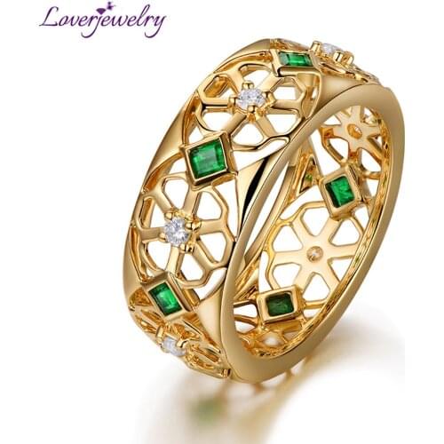 LOVERJEWELRY Gold Bands Rings Pure Au585 14Kt Yellow Genuine Diamonds Emerald Ring Bands For Women Engagement Fine Jewellery