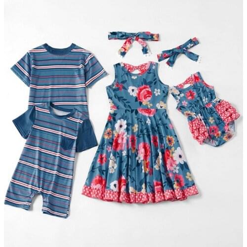 New Striped Round Collar Boy and Girl Clothes Summer Boy Rompers Baby Girls Jumpsuit Floral Clothing for Family Matching Outfits