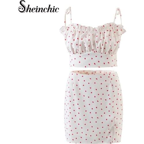 Korean Fashion Elegant Ruffles Heart Printed Top and Mini Skirt Set for Women Summer 2021