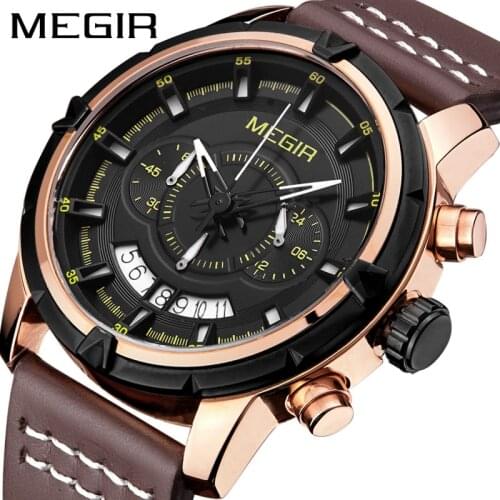 MEGIR New Luxury Calendar Business Waterproof Luminous Multifunctional Chronograph Waterproof Belt Quartz Mens Watches 2047G