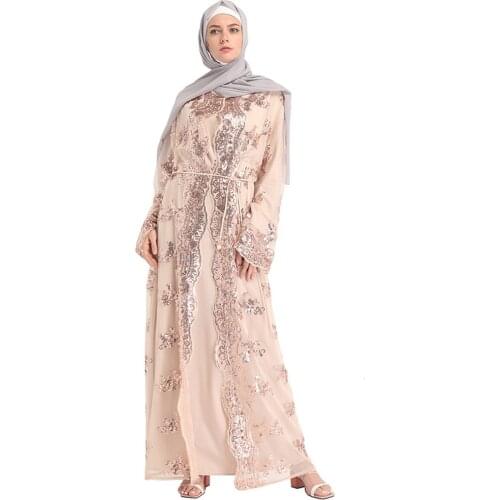 Fashion Muslim Women Lace Sequin Party Gown Maxi Long Dress Turkey Hijab Islam Robe Kaftan Dubai Robe Musulman Femme Vestidos#35