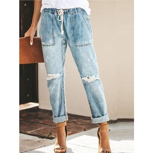 Fashion Distressed Knee Ripped Women Summer Holes Loose Trouser Drawstring Elastic Waist Pockets Long Pencil Denim Jeans Pants