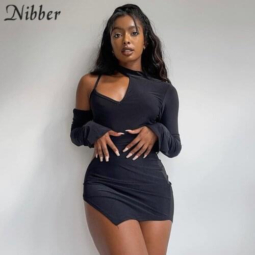 Nibber Solid Asymmetric Bareness One-shoulder Mini Dress Sexy Woman Long Sleeve Party Prom High Split Bodycon Dresses Y2K Hot