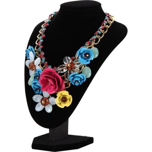 New Fashion Women Big Weave Chain Rhinestone Crystal Flower Bib Statement Necklace Choker LXH