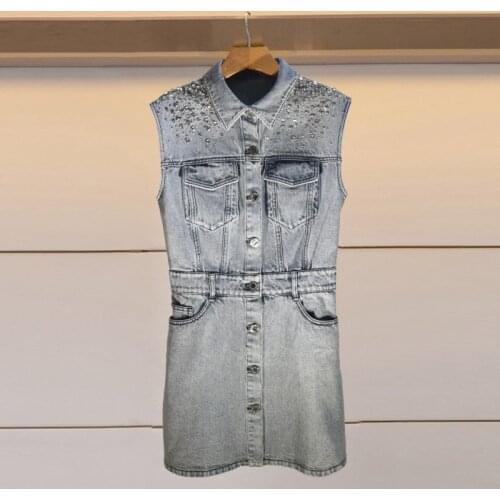 2021 spring new womens fashion diamond waist slim sleeveless washed denim dress n10e6001