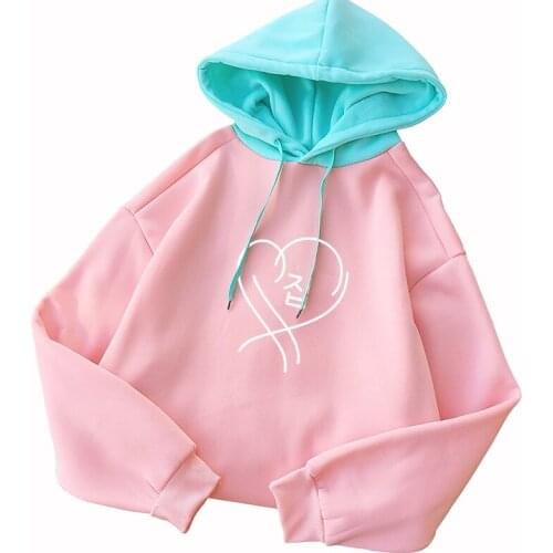 Autumn Winter Fleece Map of the Soul Korean Kpop Kawaii Heart Print Hoodies Women Casual Spell Color Patchwrok Sweatshirt Female