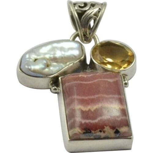 Lovegem Nature Rhodochrosite & Biwa Pearl Pendant 925 Sterling Silver, 41.4 mm, MHBAP4900