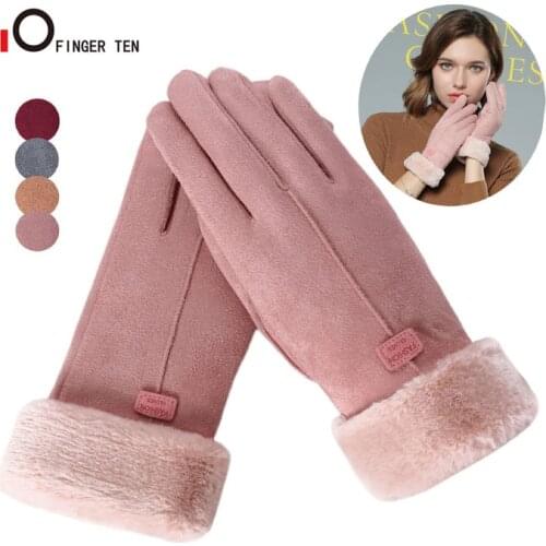 Premium Faux Suede Warm Winter Gloves for Women Touch Screen Lady Warm Plush Inside Finger Soft Mittens