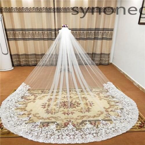 Real Photo Romantic Wedding Veil Cathedral One Layer Lace Appliqued Long Bridal Veils With Comb Woman Marry Gifts 3m