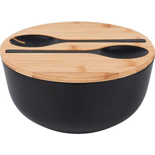 Bamboo Fiber Salad Bowl with Servers Set with Bamboo Lid Spoon for Fruits,Salads and Decoration,Black