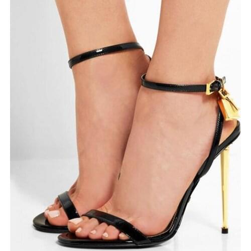 Gold Padlock Sandals Women Thin Single Strap Metal Stiletto Sandals Gold Heel Shoes Metal Decoration Pumps Black Red