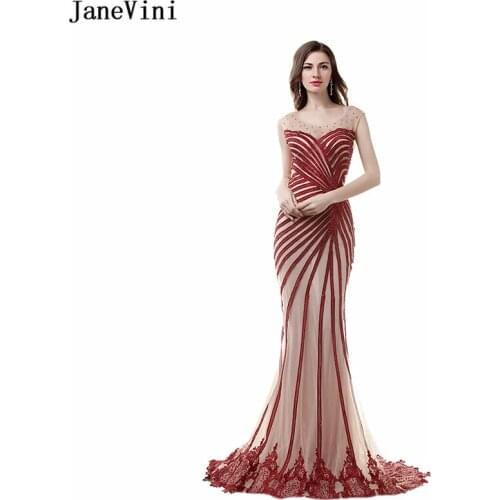 JaneVini Sexy Mermaid Long Prom Dresses Scoop Neck Lace Appliques Beaded Backless Sweep Train Tulle Bridesmaid Dresses Plus Size