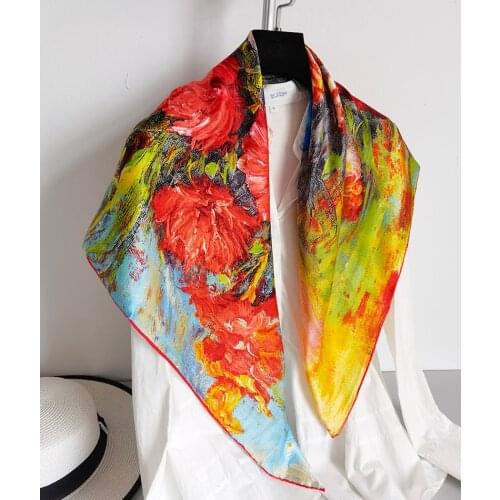 Pure Silk Scarf Women Large Shawls Stoles Flower Print Square Scarves Echarpes Foulards Femme Wrap Bandanas Van Goghs Works