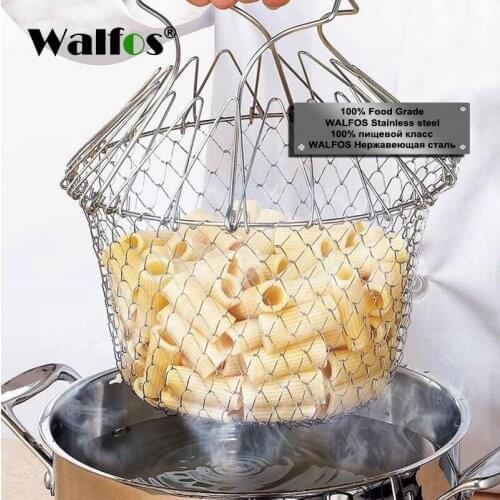 Walfos Foldable Steam Rinse Stainless Steel Folding Frying Basket Colander Sieve Mesh Strainer Kitchen Cooking Tools Accessories