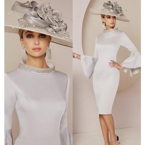 Modern Silver Mother of The Bride Dresses Crystal Beaded High Neck Long Sleeve Plus Size Wedding Guest Dress Dubai Mothers Gown