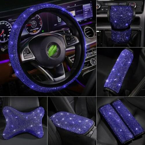 Rhinestones Crystal Blue Luxury Car Seat belt cover pad Armrest cover Steering wheel cover Auto Interior Accessories