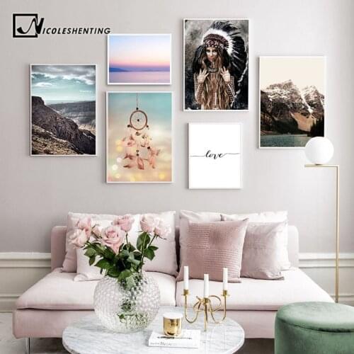 Tribal Girl Dream Capture Scandinavian Canvas Poster Mountain Sunset Scenery Nordic Print Wall Art Painting Picture Modern Decor