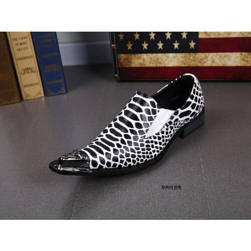 Men Genuine Leather Black White Snake Skin Iron Rivets Pointed Toe Oxford Shoes For Wedding Party Dress Chaussures Hommes