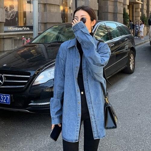 Vintage Denim Shirts Women Blouses Casual Retro BF Style Long Sleeve Tops With Pocket Chic Female Blue Loose Jeans Out Wear