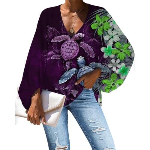 HYCOOL Polynesian Turtle Design Dark Purple Sexy V Neck Ladies' Blouses & Tops WomenS Lantern Sleeve Plus Size Tops And Blouses