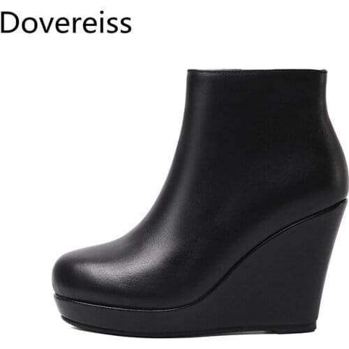 Dovereiss Fashion Womens Shoes Winter Concise Pure Color Platform New Sexy Zipper Wedges Ankle boots 33-40