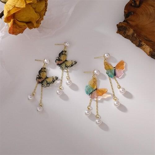 2021 Colorful Resin Butterfly Simulated Pear Long Dangle Earrings For Women Fashion Jewelry Korean Acrylic Pendiente Brincos