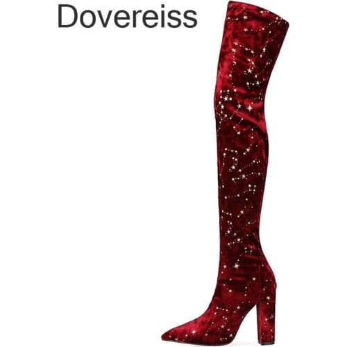 Winter Woman New Fashion Sexy Consice Shoes Pure Color Pointed Toe Chunky Heels Red Zipper Over The Knee Boots Big Size 46 47