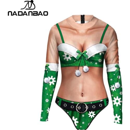 NADANBAO Sexy Print Snowflake Christmas Party Women Swimwear Long Sleeve Female Bathing Suit Bodysuit Beachwear