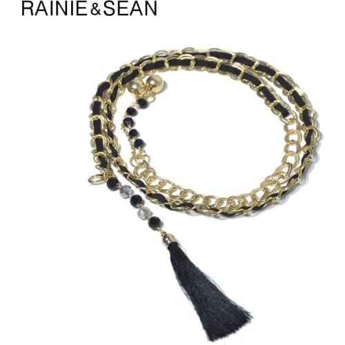 RAINIE SEAN Women Chain Belts Tassel Rhinestone Thin Belts For Dresses Female Black Gold Bead Elegant French Ladies Waist Belt