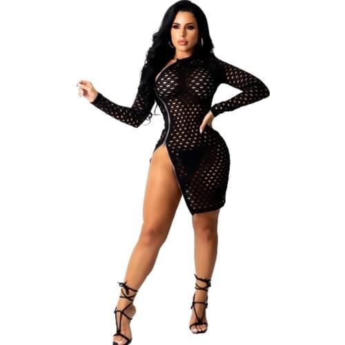 Woman Dress Fashion Perspective Dress for Night Club Zipper Sexy Long Sleeve Hollow Out Split Evening Party Women Dresses