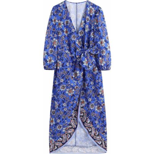 Spring and summer womens casual flower print V-neck bow decoration dress