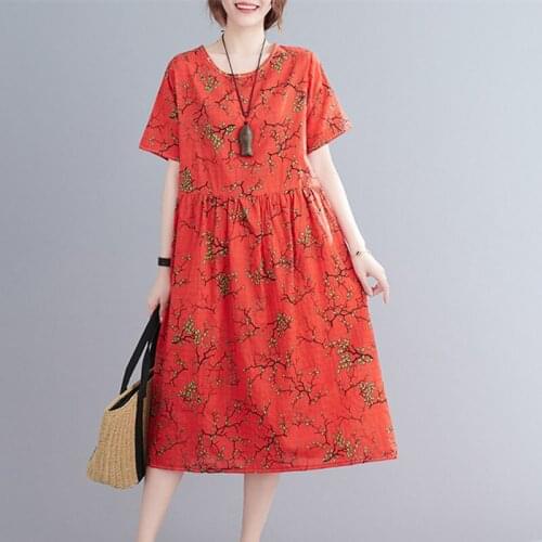 2021 New Arrival Short Sleeve Loose Summer Dress Thin Soft Cotton Linen Print Floral Vintage Dress Women Travel Casual Dress