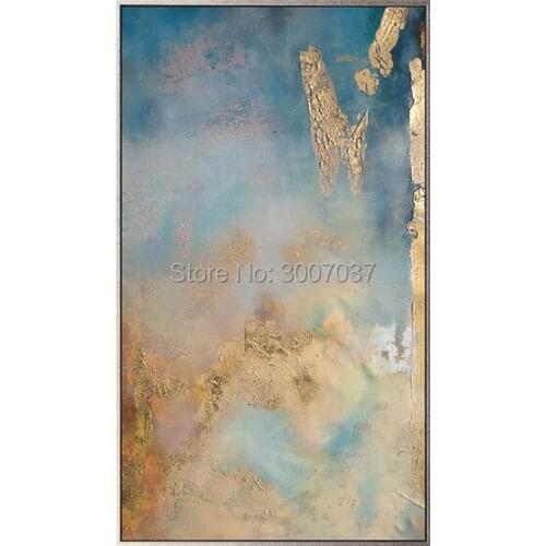 100%Hand Painted Abstract Gold and Blue Oil Painting on Canvas Wall Art Painting Decorative Living Room Wall Picture No Frame