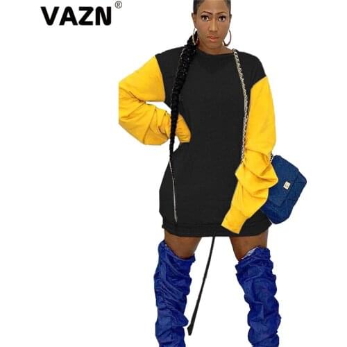 VAZN 2020 Top Quality Young Casual Daily Elegant Fashion Patchwork Simple Full Sleeve Women Nature Straight Mini Dress