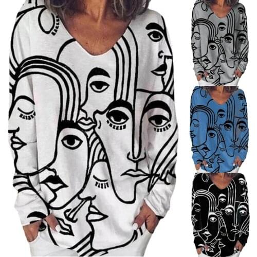 2021 WomenS Clothing Shirts Casual Crew Neck Abstract Print Long Sleeve Loose Plus Size T-Shirt Female Tops