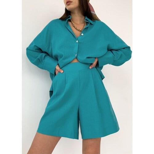 Blue Long Sleeve Shirts Blouse Women Sets Autumn Linen Two Piece Short Set Casual Loose High Waist Shorts Suit Female