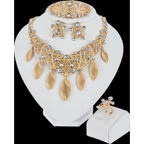 Dubai Gold color Necklace Earrings rings bracelet Jewelry sets bridal wedding gifts jewellery collares set for women Wholesale