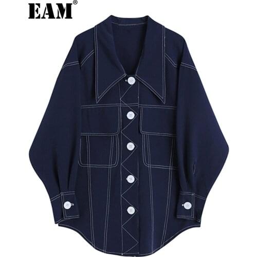 [EAM] Women White Line Big Pockets Denim Blouse New Lapel Long Sleeve Loose Fit Shirt Fashion Tide Spring Autumn 2021 1DD3089