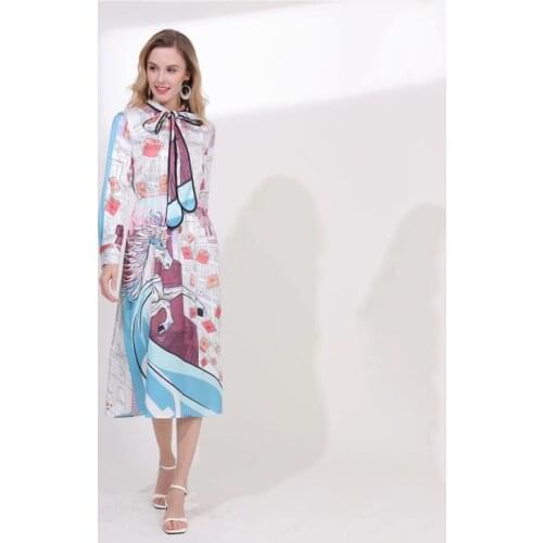 Europe Spring Designer Dresses Womens Full Sleeve Bow Collar Printed Elastic Waist Dresses Noble Mid Calf Vestido