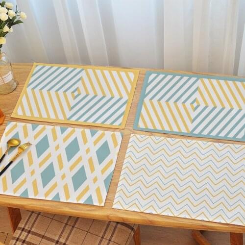 European Rectangle Mats for Dining Table Yellow and Blue Geometric Pattern Placemat Waterproof Oilproof Easy To Clean Coaster