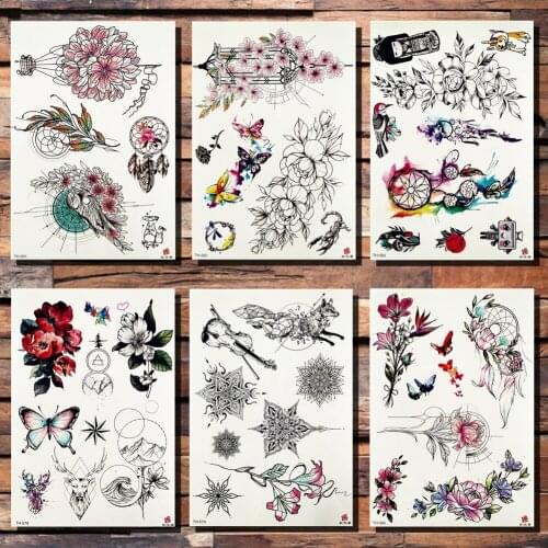 FANRUI Fashion Flower Totem Dream Catcher Butterfly Temporary Tattoo Sticker Pendant Doll Watercolor Tattoos Body Art Fake Tatoo