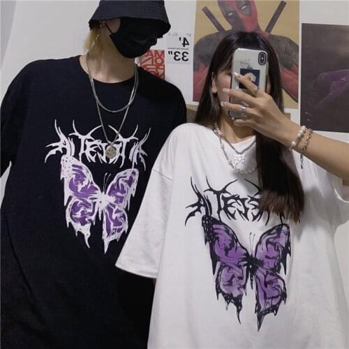 Harajuku Butterfly Gothic T Shirt Men Women Cotton Oversized Clothes Streetwear Tops Male Graphic Hip hop T-shirts Unisex Tee
