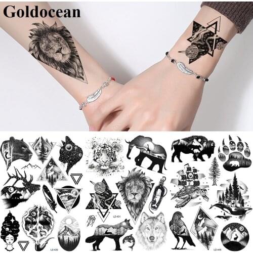Indian Black Lion Pattern Triangle Planet Fake Temporary Tattoos Stickers For Kids Waterproof Women Men Tattoo Paper Body Arm