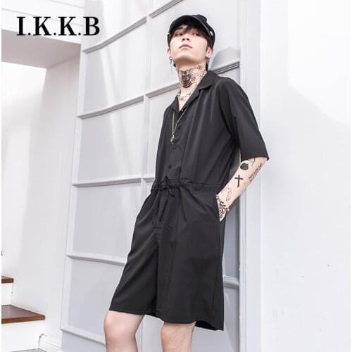 Japanese retro overalls suit summer mens loose short sleeve overalls Korean fashion all in one shorts