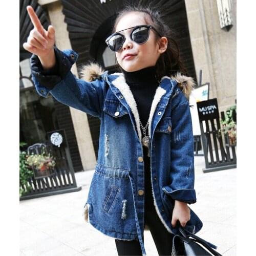 Kids Girls Denim Jackets Childrens Winter Thick Warm Coat with Fur Hooded Long Windbreaker Jacket Jean Coats Outerwear Clothing