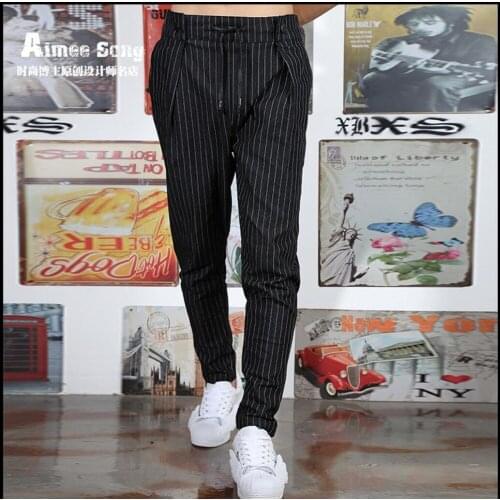 Summer Men Slim Striped Harem Pants Hit Color Hairstylist Fashion Leisure Pencil Pants Tide Full Length Trousers Singer Costumes