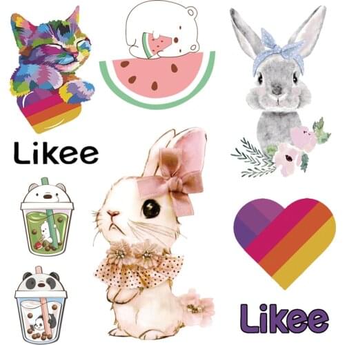 Cartoon cute likee cat patch iron on transfer for clothing watermelon bear applique easy printed transfer stickers on clothes