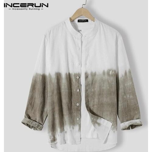 2021 Men Casual Shirt Cotton Tie Dye Stand Collar 3/4 Sleeve Harajuku Streetwear Men Clothing Button Breathable Camisas INCERUN